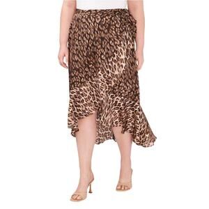 Vince Camuto Womens Skirt 3X Leopard Print Ruffle Faux Wrap Skirt Espresso Brown